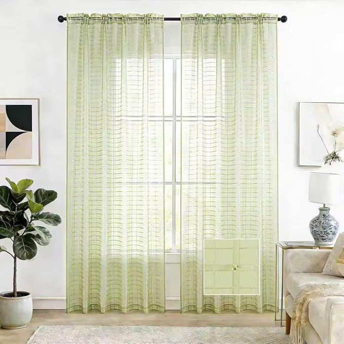 SpaceDresser Check Sheer Curtains 90 Inches 2 Panels Set, Rod Pocket Plaid by SpaceDresser
