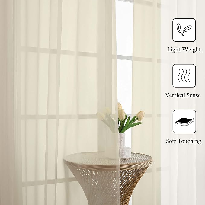 Cream Sheer Curtains 84 Inches Long 2 Pcs, Dual Rod Pocket Breathable Rustic - Image 2