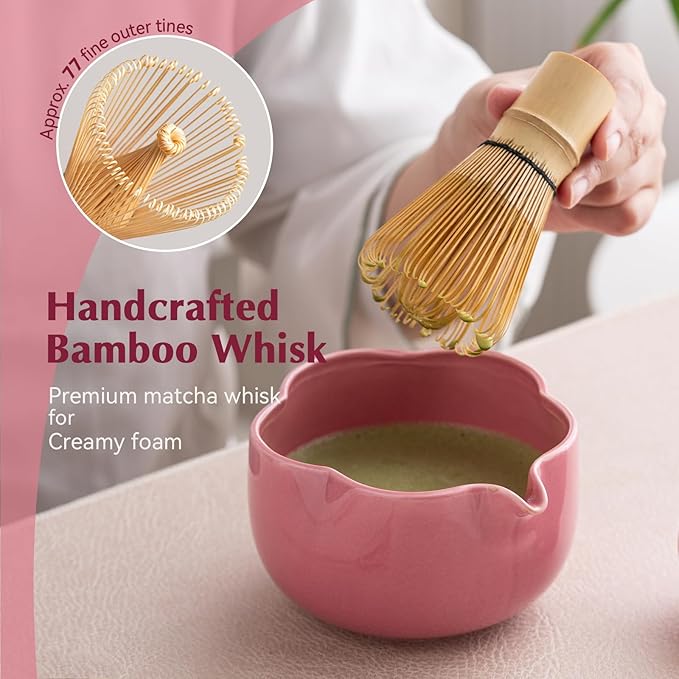 Matcha Set, 8Pcs Floral Ceramic Matcha Set with Matcha Whisk, Holder, Scoop, Scoop Rest, Sifter, Spoon and Tea Towel - Thoughtful Matcha Whisk Set Gift for Matcha Lovers (Pink)