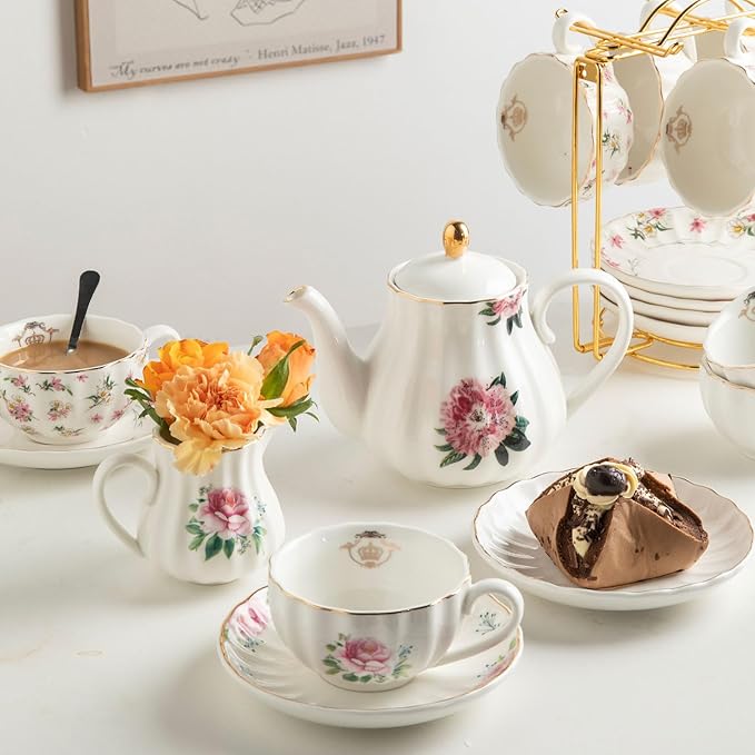 Porcelain Tea Sets British Royal Series, 8 OZ Cups & Saucer Service for 6, with Teapot Sugar Bowl Cream Pitcher Teaspoons and Tea Strainer, Suitable for High Tea, Wedding, Party(Blush Pink)