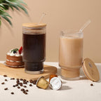 Glass Cups with Bamboo Lids and Straws - 16 oz Iced Coffee Cups, Vintage Ribbed Drinking Glasses, Tumbler for Juice, Beer, Coffee, Milk, Cocktail, Water (2 Pack)