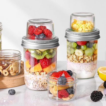 ComSaf Overnight Oats Containers with Lids (16OZ+4OZ, 2PCS) On-The-Go Dual-Laryer Yogurt Parfait Cups with Dry and Wet Separation Mason Jars for Chia Pudding Cereal Nut Fruit Meal Prep Salad