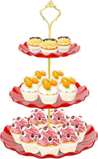 3 Tier Cupcake Stand Holder, Plastic Cup Cake Stand Tower with Tiered Serving Tray for Cupcakes, Donuts, Fruits and More, Red