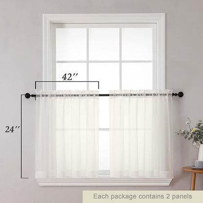 Kitchen Curtains 24 Inch Length Tier 2 Pieces, Ivory Sheer Curtain Solid Soft - Image 2