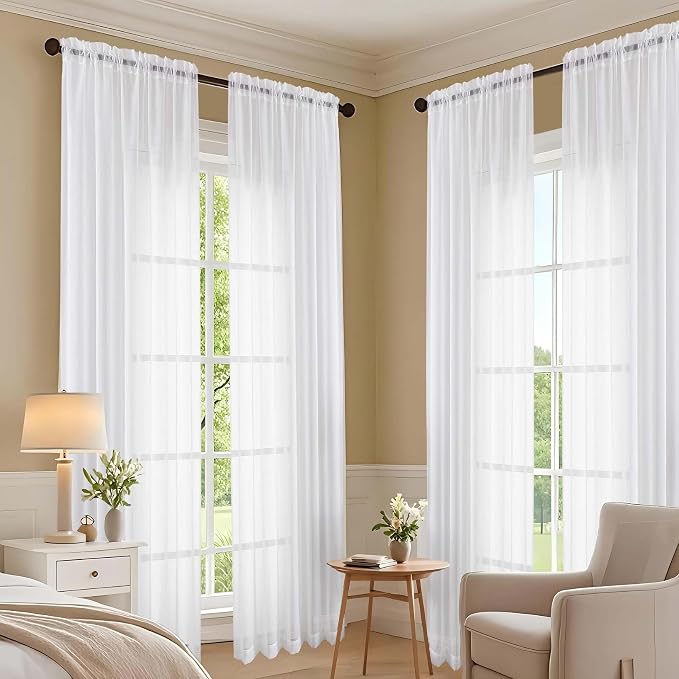 White Sheer Curtains 108 Inches Long 2 Panels Set, Extra Wide Solid Lightweight - Image 7