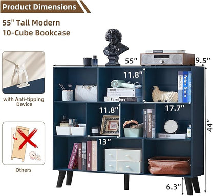 LEYAOYAO 10 Cube Bookshelf, 3 Tier Vintage 55" Wide Bookcase - Image 2