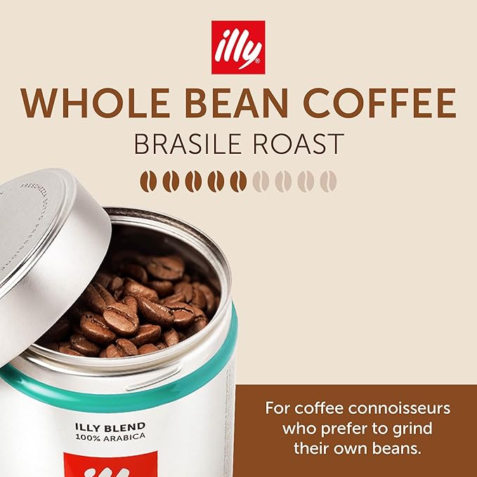 Illy Whole Bean Coffee, Brasile Cerrado Mineiro Medium Roast - Notes of Caramel and Dried Fruit - 100% Arabica - Whole Beans - Pressurized Packaging Sealed for Freshness - 8.8oz can (Pack of 6)