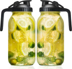 Glass Mason Jars Pitcher 64 Oz Pour Spout Lids & Handle (2 Pack) Wide Mouth Airtight Leak Proof Fridge Breast Milk Pitcher With Top Flip Cap 2 Quart Water Jug For Cold Brew Coffee, Iced Tea,