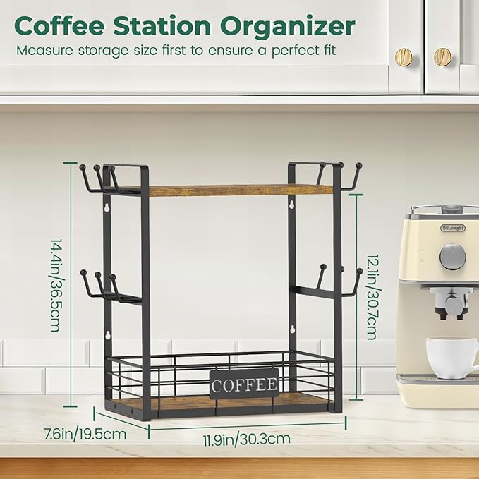 EsLuker.ly Coffee Mug Cup Holder Tree Bar Station Organizer for Countertop, Multi-Functional 2 Tier Mug Stand Rack for Kitchen, Storage Shelf with 12 Hooks, Vintage Brown-Black(Patented Design)