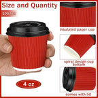 Uiifan 100 Set 4oz Disposable Espresso Cups with Lids Ripple Corrugated Paper Disposable Coffee Insulated Hot Ripple Cups for hot Chocolate, Tea, and Cocoa Drinks(Red)