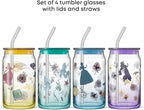JoyJolt Disney Princess Icon Glass Tumblers with Lids and Straws, 16oz Glass Cups with Lids and Straws ft Princess Jasmine Ariel Cinderella Belle, 4pc Can Shaped Drinking Glasses, Iced Coffee Cups