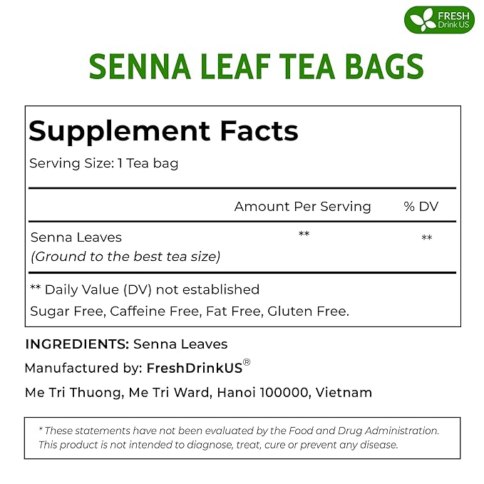 FreshDrinkUS, Premium 135 Senna Leaf Tea Bags, 100% Natural & Pure from Senna Leaves. Loose Leaf Senna Herbal Tea, Made with Natural Material Tea Bags. No Sugar, No Caffeine, No Gluten, Vegan.