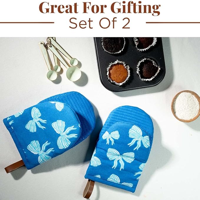 Folkulture Mini Oven Mitts Heat Resistant | (5.75 x 9) Set of 2 Short Blue Oven Mitts with Hanging Loop | 100% Cotton Oven Gloves or Bow Kitchen Mittens | Small Silicone Oven Mits or Baking Accesories
