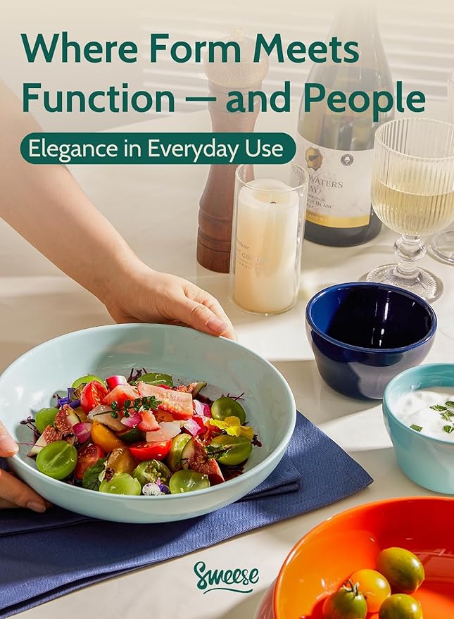 Sweese Pasta Bowls, 30 Ounce Salad Serving Bowls Set of 6, 8.4 Inch Porcelain Plates for Serving Dinner, Salad - Microwave Dishwasher Safe, Hot Assorted Colors