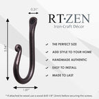 RTZEN Wall Mount Hook Set - Wrought Iron Decorative Rustic Metal Coat Hooks for Hanging - Handcrafted Classic Farmhouse Wall Mounted Black Hooks for Towel Robe or Hat Hanging - 3 Pack