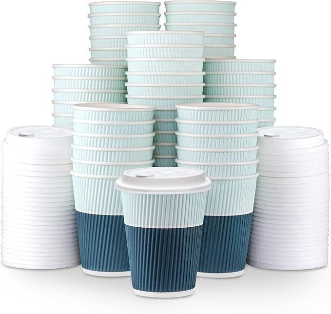Disposable Coffee Cups With Lids - 12 oz To Go Coffee Cups (80 Set) With Sturdy Lids Prevent Leaks! Paper Hot Cup Holds Shape With Hot, Cold Drinks. Ripple Cups Protect Fingers from Heat!