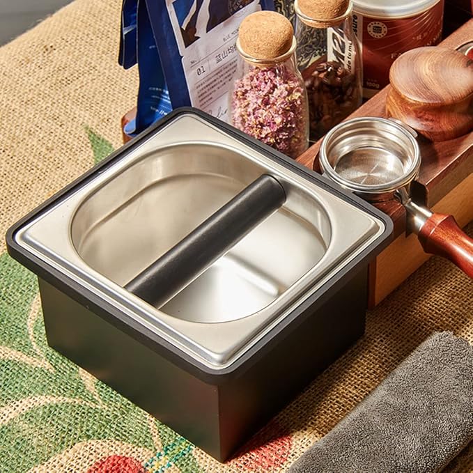 Coffee Knock Box, Stainless Steel Dump Bin Espresso Knock Box for Coffee Grounds with Removable Non-Slip Base Shock-Absorbent for Knocking Portafilter Filter Grinds (S)
