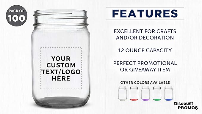 DISCOUNT PROMOS Custom Decorating Mason Jars 12 oz. Set of 100, Personalized Bulk Pack - Glass Jars for Overnight Oats, Candies, Fruits, Pickles, Spices, Beverages - Black