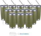 COMOOO 20oz Double Wall Vacuum Insulated Travel Mug, Stainless Steel Tumbler with Lid and Straw Durable Powder Coated Insulated Coffee Cup for Cold & Hot Drinks (Army Green, 12 pack