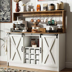 4ever2buy Farmhouse Coffee Bar Cabinet with 6 Hooks, 47'' Kitchen Coffee Bar with Hutch and 9 Wine Racks, White Sideboard Buffet with Sliding Barn Door for Dining Living Room