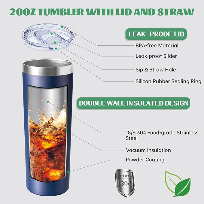 20 oz Skinny Tumbler with Lid and Straw,Stainless Steel Vacuum Insulated Tumbler Cup Double Wall Leak-proof Coffee Mug,Travel Thermal Water Tumbler for Office,Outdoor (Black/White/Navy blue/Grey)