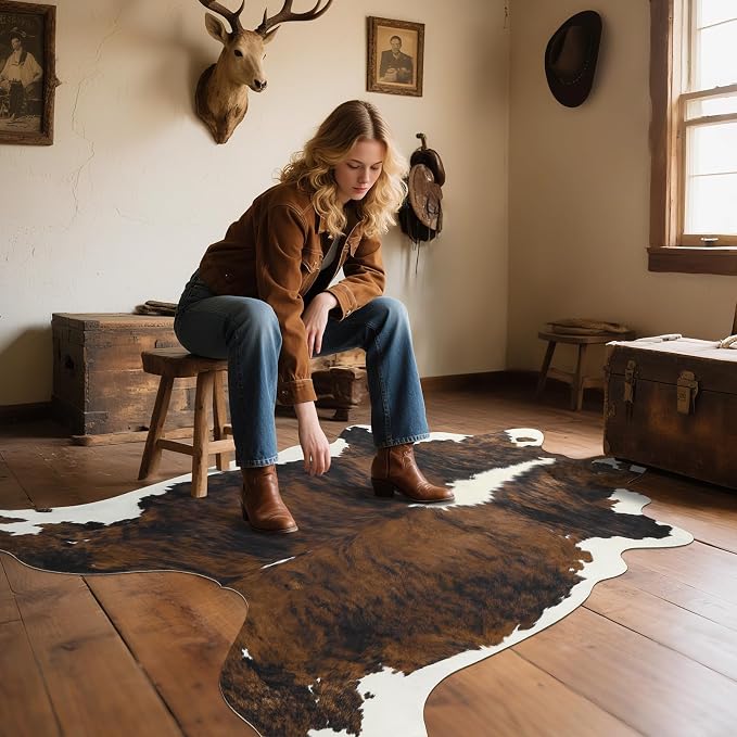 Faux Cowhide Rug, Animal Cow Hide Rug, 6.2 x 5.2 Ft Black and Brown | Premium - Image 4