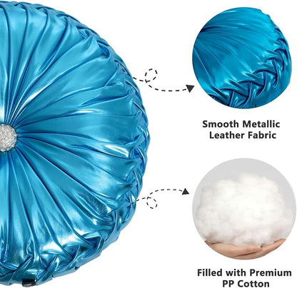 HIG Set of 2 Blue Metallic Leather Decorative Round Pleated Throw Pillows | - Image 3