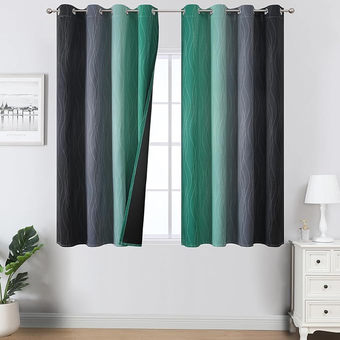 Black and Green Ombre Blackout Curtains 45 Inches Long | Gradient Color Curtains by ESTELARTEXTILER