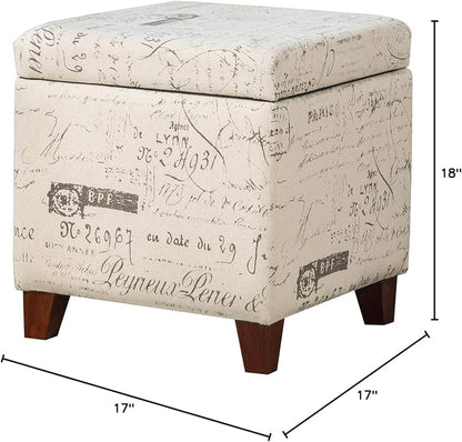 Adeco Fabric Script Pattern Cube Storage Footstool, Hinged Lid, Solid Wood Legs - Image 8