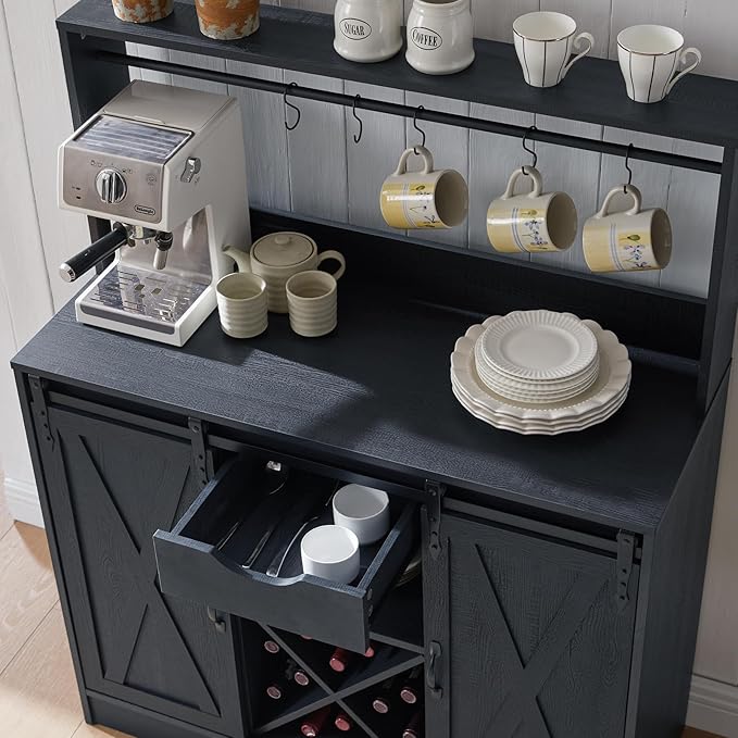 Wnutrees Farmhouse Coffee Bar Cabinet with Charging Station and USB Ports, Sliding Barn Door, 39" Kitchen Hutch Sideboard Buffet Storage Cabinet, Fits Kitchen Dining Living Room, Black