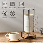 LUKA 6 Ounce Porcelain Stackable Espresso Cups with Saucers and Metal Stand Set of 4, Ceramic Cappuccino Cups Set for Specialty Coffee Drinks, Latte, Cafe Mocha and Tea, White Green Interior