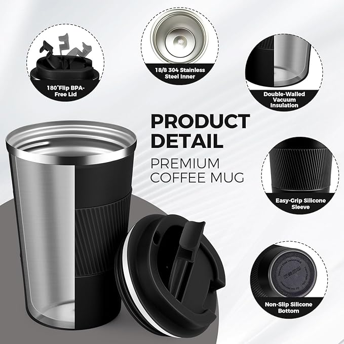 Volhoply 13 oz Stainless Steel Insulated Travel Coffee Mug with Fip Lid Bulk 8 Pack,Reusable Double Wall Vacuum Metal Coffee Cup,Portable Leak Proof Thermal Tumbler for Hot&Cold Drinks(Assort Color,8)
