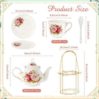 Zhehao 20 Pcs Porcelain Tea Set with Metal Holder and Spoon Adult Ceramic Tea Party Set European Flower Painting Teapot Cup Saucer Spoon for Women, Large Version(Modern Style)