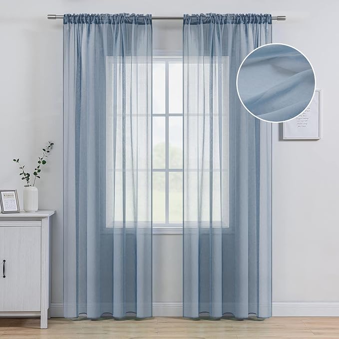 MIULEE Semi Transparent Dusty Blue Linen Textured Sheer Curtains 54W×72L | Semi by MIULEE