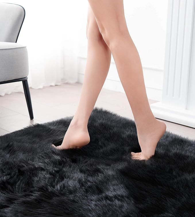SERISSA 2x3 Fluffy Black Faux Sheepskin Shaggy Rug - Image 5