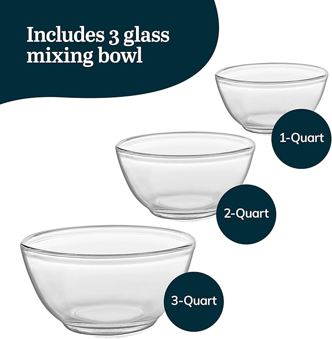 Libbey Baker's Basics 3 Piece Glass Mixing Bowl Set, Multi Size