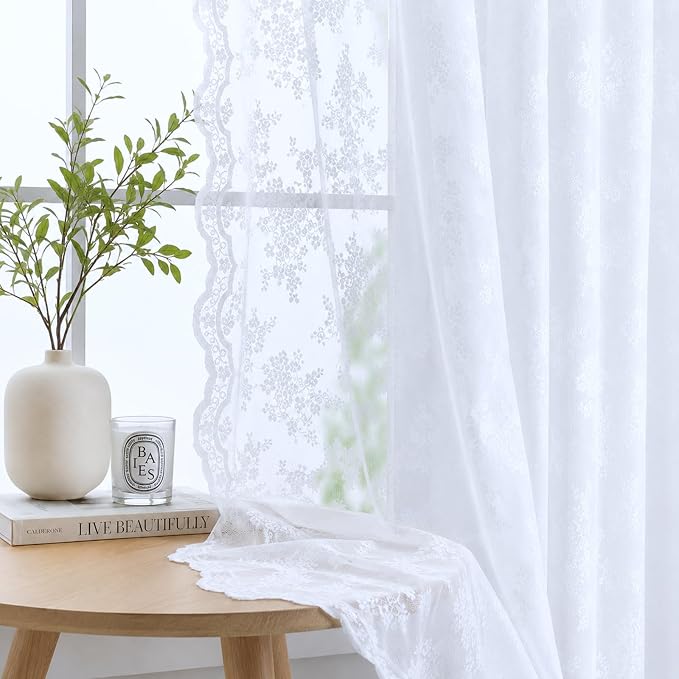 YJ YANJUN Vintage Lace Curtains 63 Inches Long Brilliant White 2 Panels | - Image 2