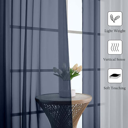 Navy Blue Sheer Curtains for Living Room Decor 84 Inches Long 2 Pcs, Light - Image 2