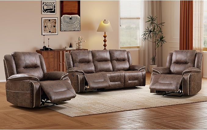 EBELLO Faux Leather Manual Recliner Sofa Set, Double 1 Seat Reclining Chair by EBELLO