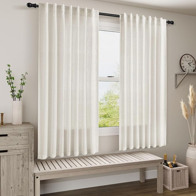 Cream Linen Back Tab Pocket Curtains 60 Inch Length - Image 7