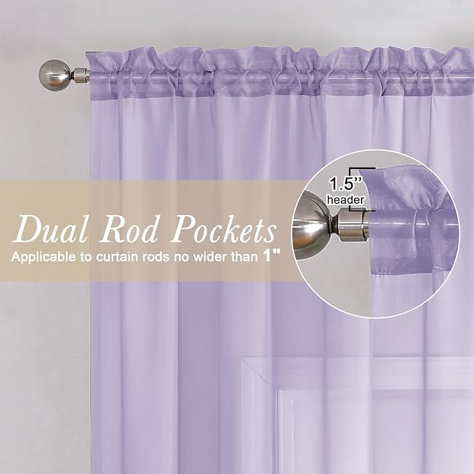 72 Inch Light Purple Sheer Curtains & Panels Set of 2, Airy & Breathable Solid - Image 2