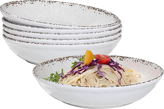 Rustic White Melamine Pasta Bowls, 6 Pack 9.25 inch Serving Bowls, Wide and Shallow All-purpose Bowl, Unbreakable Kitchen Bowls for Salad, Pasta, Ramen, Soup, Noodle, Fruit. Dishwasher Safe…