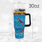 RainCaper 18/8 Stainless Steel Insulated Water Tumbler with Straw | 30oz, BPA-Free, Double Wall for Hot & Cold | Travel-Friendly, Cup Holder Ready (Tiffany Dragonfly - Purple)