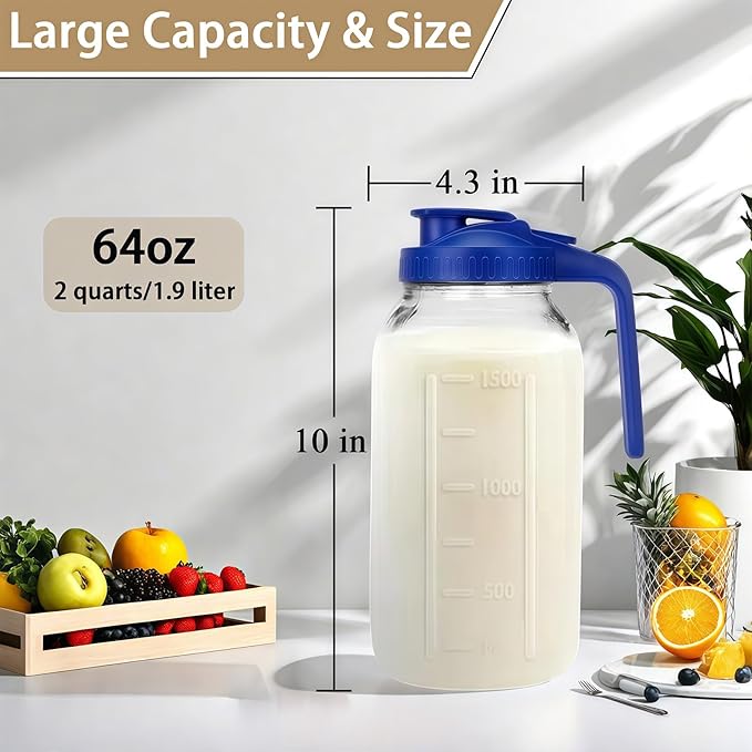 64oz Glass Pitcher with Handle and Lid, 2 Quart Mason Jar Pitcher - Airtight & Leakproof Water Jug with Pour Spout Lid, Glass Containers for Fridge, Perfect for Juice, Cold Brew, Iced & Sun Tea