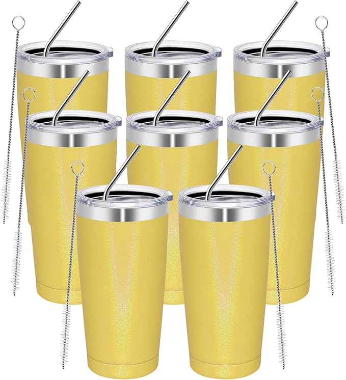 MEWAY 20oz Tumbler 8 Pack Double Wall Vacuum Insulated Travel Glitter Mug Bulk, Stainless Steel Tumblers with Lid and Straw,Powder Coated Coffee Cups for Woman(Rainbow Yellow,Set of 8)