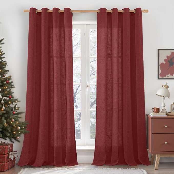 90 inch Red Linen Curtains for Living Room 2 Panels, Light Filtering Christmas by LAMIT