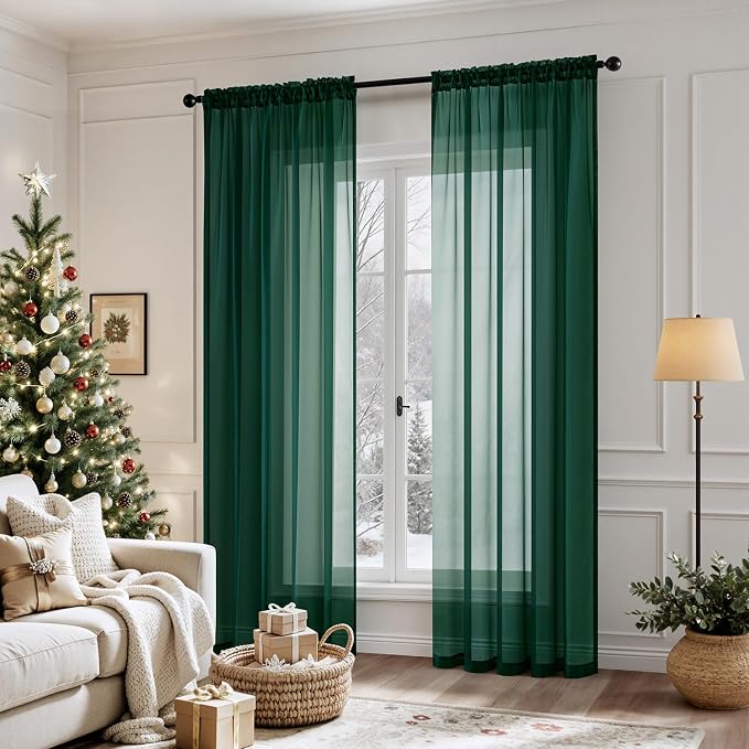 MIULEE Hunter Green Sheer Curtains 54 X 90 Inches, 2 Panels | Solid Color - Image 2