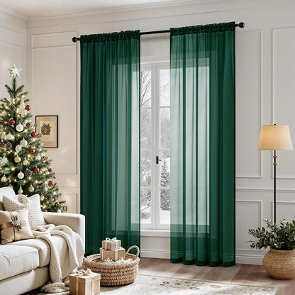 MIULEE Hunter Green Sheer Curtains 54 X 90 Inches, 2 Panels | Solid Color - Image 2