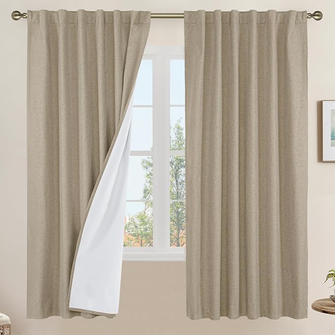 100% Blackout Natural Polyester Curtains, 72 Inches Linen Textured Thermal by LAMIT