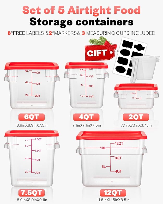 4QT NSF Food Storage Containers with Lids: 4 PCS [Total Food Grade][Hot&Cold Resistant] Commercial Clear Food Storage Containers for Restaurant Kitchen Proof Dough, Measuring Spoons Included(Red)